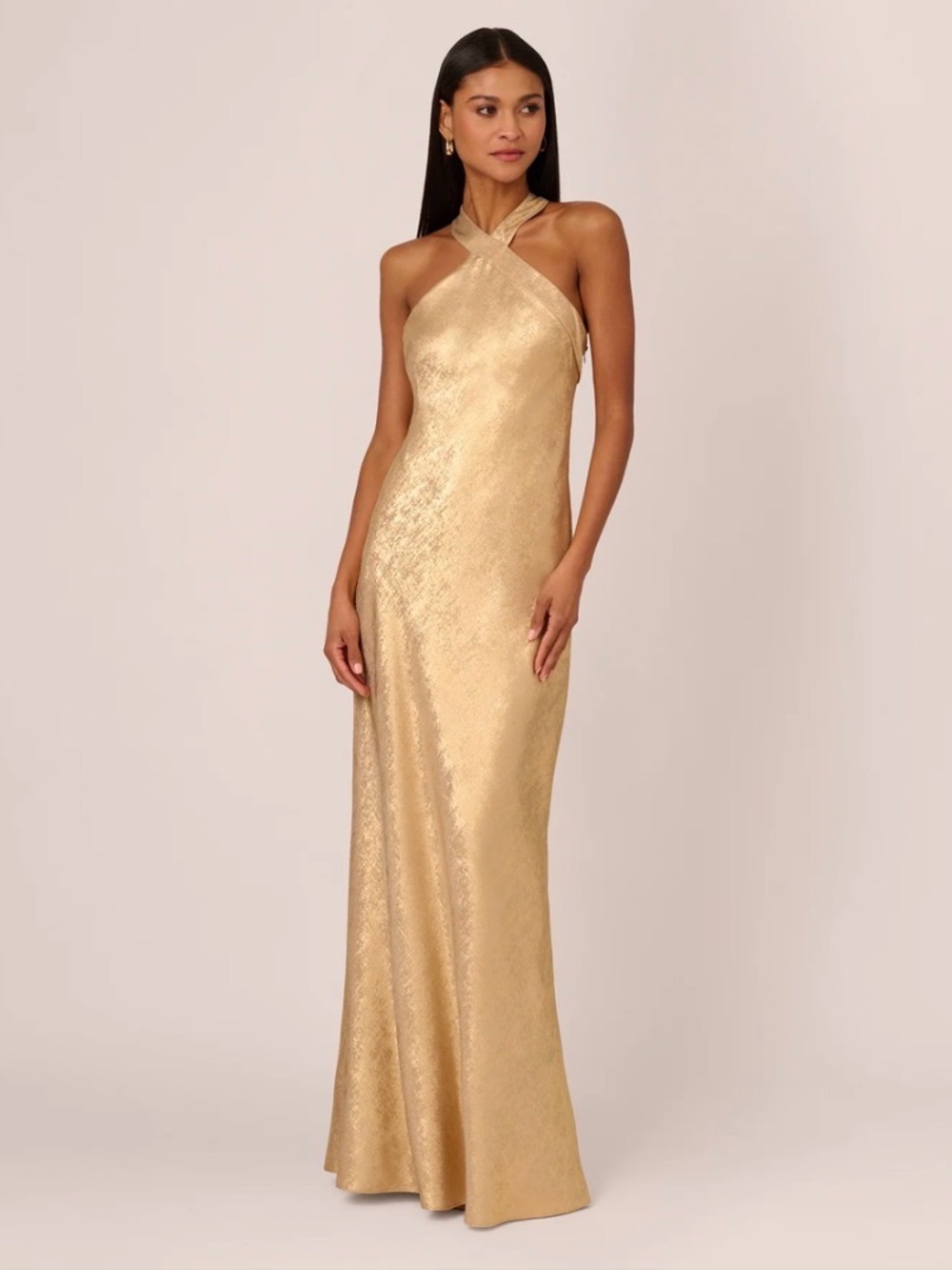 Adrianna Papell Shimmery Gold Halter Evening Gown